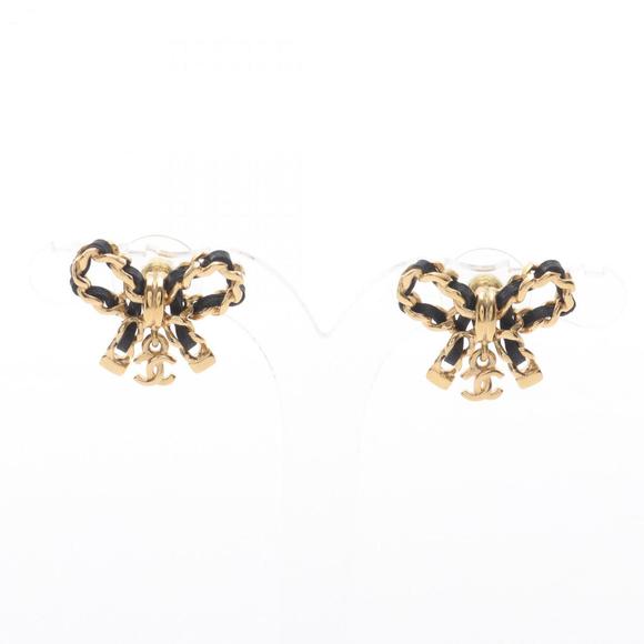 CHANEL Coco Mark Ribbon Earrings, Gold-Plated Leather, Women's, Gold and Black - Picture 1 of 5
